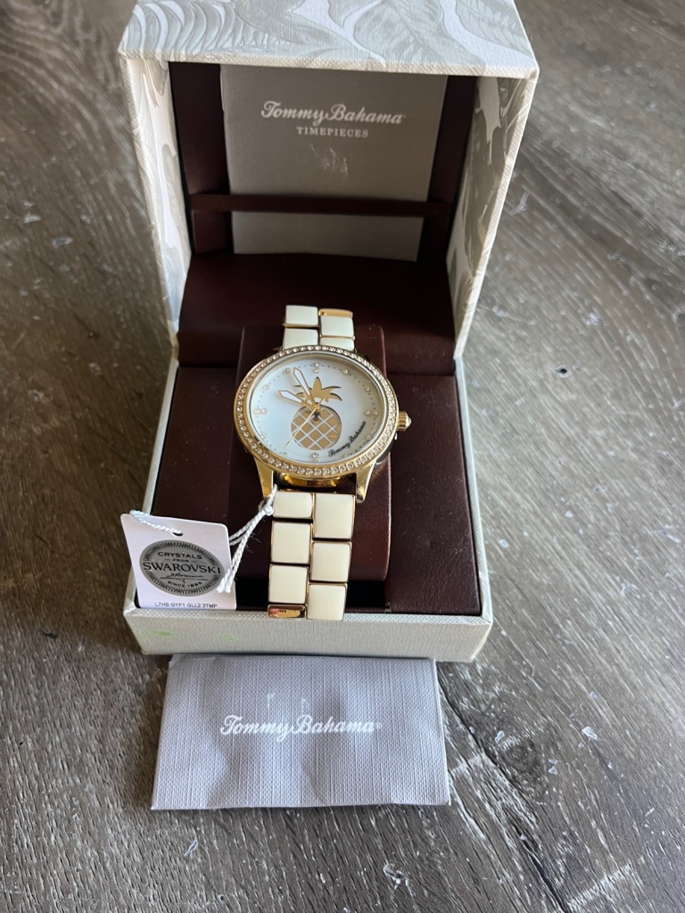 NEW! Tommy Bahama Gold and Cream Pineapple Accent Watch with Crystal Bezel